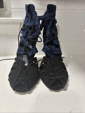 Zara Black and Navy Lace-Up Cutout Sandals